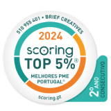 2023 and 2024 Scoring Top 5% Melhores PME Portugal badge awarded to Brief Creatives, displayed in a circular format with the scoring.pt website link