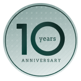 10 Years Anniversary badge in a circular format, indicating a decade of service or establishment.